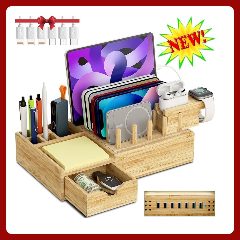 Bamboo Charging Station Dock 7 n 1 USB Wood Phone Tablet Watch Desktop Organizer